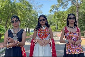 Three friends in matching Kutchi garba outfits